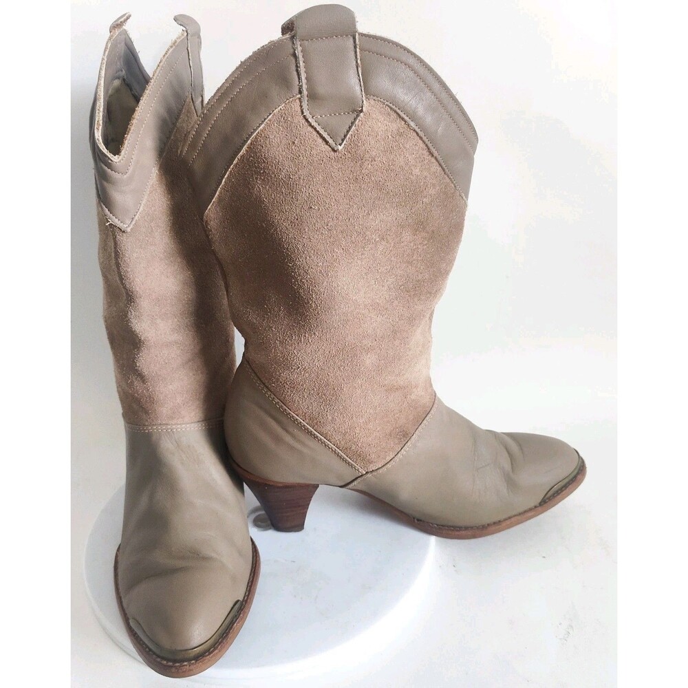 Vintage Neutral Suede Leather Pull On Boho Ankle Boots Size 6.5 Western Mid-Calf - Picture 6 of 11